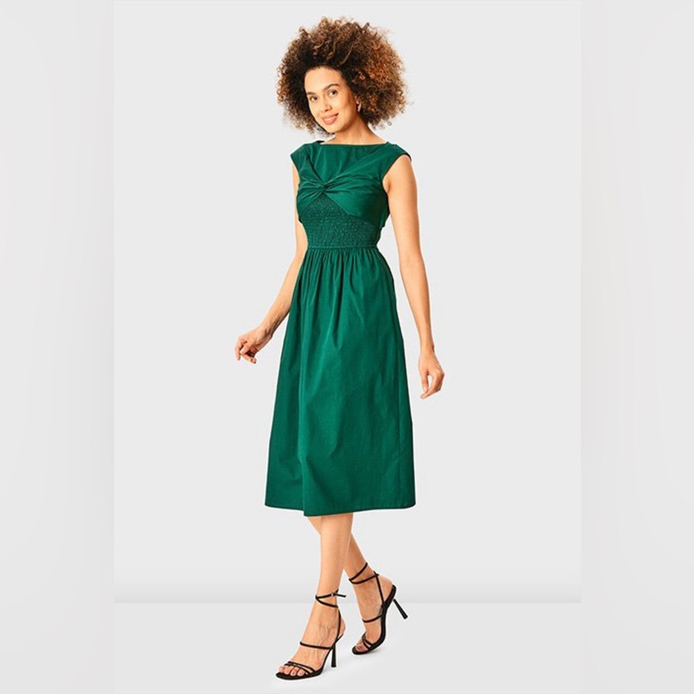 Knot Front Smocked Cotton Poplin Dress